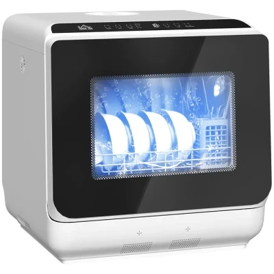 Image de HOMCOM Mini lave vaisselle compact 4 couverts, de table, 6 programmes, commande tactile, écran LED, réservoir L, départ différé, double alimentation en eau et séchage à l&#039;air, blanc