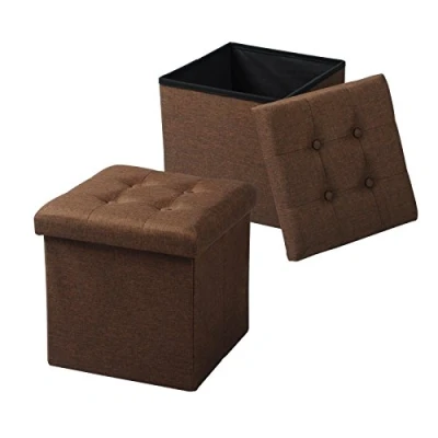 Image de WOLTU Lot de 2 Tabouret Cube Rangement Repose Pieds Pliant,Couvercle Amovible siège en Lin, 37,5x37,5x38cm (L x L H),Brun SH06br