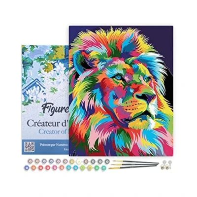 Image de Figured&#039;Art Peinture par Numéro Adulte avec Cadre Lion Pop Art 2 Activité Manuelle Kit de Loisir Créatif DIY d&#039;Art Complet 40x50cm toile tendue sur châssis