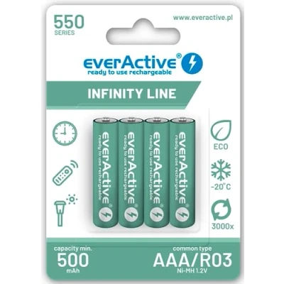 Image de everActive Batterie AAA 550mAh 4pcs NI MH Mini R03 Rechargeable Pré chargé Infinity Line 1.2V 1 Carte Blister Vert EVHRL03 550