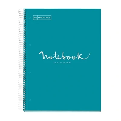 Image de Miquelrius Cahier A4 Carnet de Notes Emotions, 120 Feuilles 90 g/m², Grille 5 x mm, Bandes couleur, Spirale microperforée, Couverture extra dure, 4 Trous, Couleur Bleu Formentera