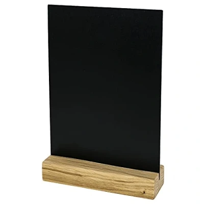 Image de HMF 46452 Présentoir de table Inscriptible à la craie en acrylique Avec pied bois et support T Format A5 Noir
