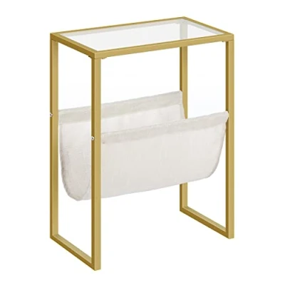 Image de HOOBRO Table d&#039;Appoint, de Chevet Dorée, Meuble Rangement avec Porte Magazines en Tissu et Dessus Verre, Carrée pour Petits Espaces, Chambre, Salon, Bureau, Style Moderne EGD66BZ01