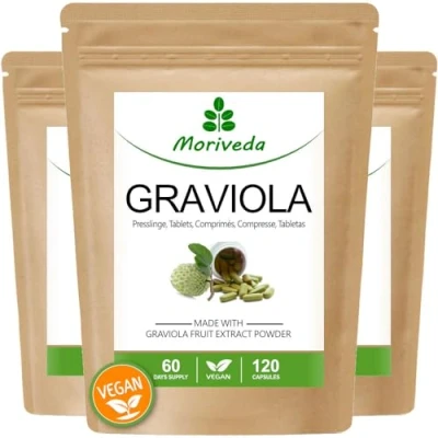 Image de comprimés de graviola 2000mg 6 mois d&#039;approvisionnement extrait naturel fruit avec vitamine C et antioxydants à haute dose, végétalien sans gluten 360 MoriVeda