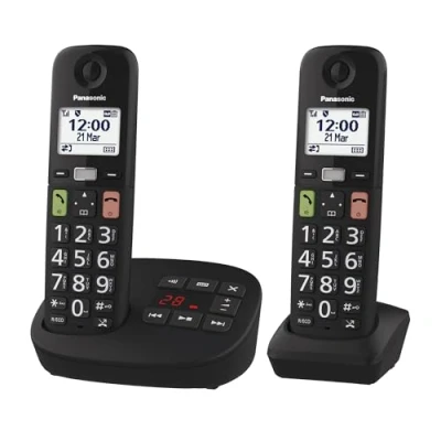 Image de Panasonic KX TGU132EXB Téléphone Numérique sans Fil avec Répondeur, Unité de Base et 2 Combinés, Écran LCD, Grosses Touches, Appel Favori, Compatible Les Appareils Auditifs, Noir
