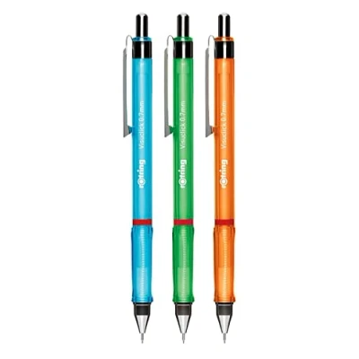 Image de rOtring Visuclick portemine, 0,7 mm, Mine 2B, Corps rose vif, orange vif et bleu Boîte de 3