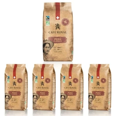 Image de 4 x 1 KG Café Royal Peru Classico Torréfié en Grains Intensité 3/5 100% Arabica Durables du Perou Certifiés Fairtrade