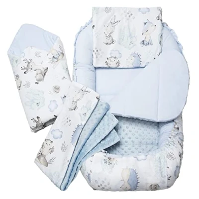 Image de Medi Partners 5 éléments Cocon de Bébé 100x60x15cm 100% Coton Baby Nest Reducteur lit Bébés Oreiller Couverture Insert Amovible (Cerf et Hérisson avec Minky Bleu Clair)