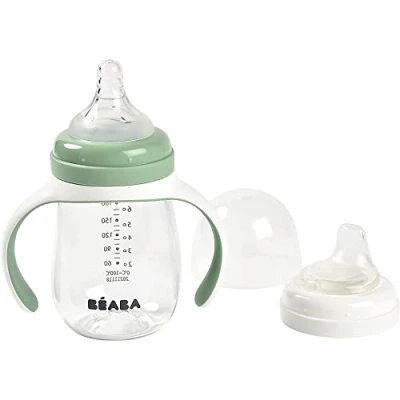 Image de BÉABA, Biberon/Tasse d&#039;apprentissage 2 en 1, Tasse Paille Enfant, 100% étanche, Anti fuite, Facile à Ouvrir, Poignées amovibles, Tritan et Silicone, 210 ml, Vert sauge