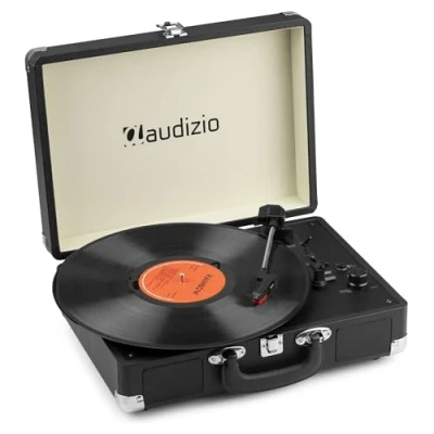 Image de Audizio RP116BK Platine Vinyle Rétro avec Bluetooth in &amp; Out, Haut Parleurs Intégrés Noire, Lecture 33/45 78 Tours, Idéal pour Écouter Vos Anciens Vinyles Préférés