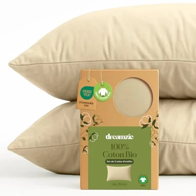 Image de Dreamzie 100% Coton Biologique Taie d&#039;oreiller 40x70 cm Bio Lot de 2 Beige Oreiller Rectangulaire avec Fermeture Éclair Oeko Tex