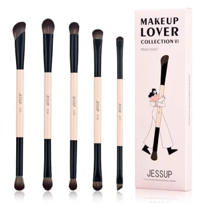 Image de Jessup Pinceaux Yeux Maquillage,10 en 5 Set Maquillages Double Embout pour Contour, Estompage, Eyeliner, Pinceau Ombreur, Précision Fibre Végétalienne Yeux, Peach Dust T509