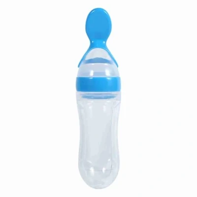 Image de 1Pc 90mL Silicone Bébé Nourriture Distribution Cuillère Toddler Biberon avec Aliments Frais Céréales Squeeze Feeder Chaud pour Enfants Tout Petits Garçons Fille(bleu)