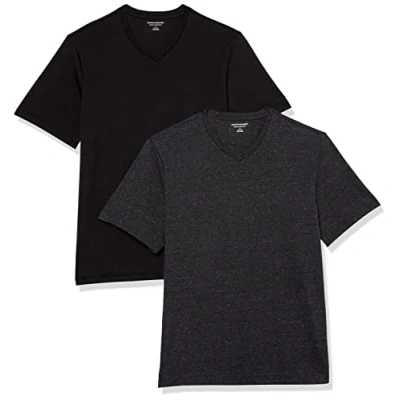 Image de Amazon Essentials T Shirts Col en v à Manches Courtes Homme, Lot de 2, Charbon Chiné/Noir, XXL