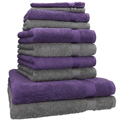 Image de Betz Lot de 10 Serviettes Set 2 Serviettes, draps Bain 4 Toilette d‘invité Gants 100% Coton Premium Couleur Gris Anthracite, Violet