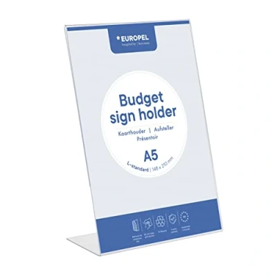 Image de Europel Budget Présentoir de table, Base T, format A4 Portrait, Polystyrène limpide 1,5 mm, affichette, pour restaurants, hôtels, conférence, réception, Autoportant et Double face Transparent
