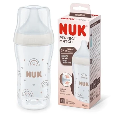 Image de Biberon NUK Perfect Match 3+ mois S’adapte au palais de bébé Contrôle la température Évent anti coliques 260 ml Sans BPA TÉTINE M en silicone Arc ciel