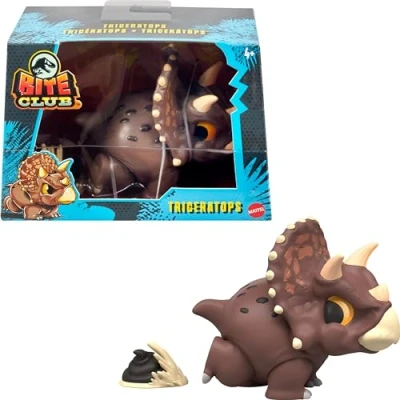 Image de Mattel Figurine de collection Jurassic World Bite Club, dinosaure tricératops Chubby stylisé d&#039;environ 10,2 cm avec accessoire, HVB39