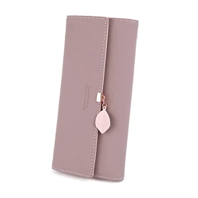 Image de RRANCharltu Portefeuille Femme Longue Porte Cartes Monnaie à glissière avec Feuille Pendentif en PU Cuir, 10 Emplacements pour Cadeau de Noël Saint Valentin (Mauve Pâle)