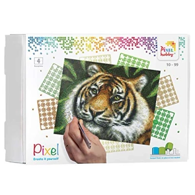 Image de Pixel P090028 Emballage Cadeau mosaïque Tigre pour Enfants, Image d&#039;environ 20,3 x 25,4 cm, système d&#039;assemblage Simple avec des tesselles en bioplastique, sans Repassage ni Collage