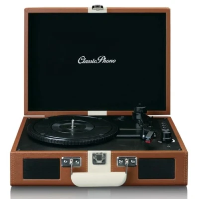 Image de Classic Phono By lenco Tt 120 Platine à Disque avec Batterie Intégrée Bluetooth 33, 45, 78 Rpm entraînement Par Courroie 2 Haut Parleurs aux In, Rca Out 3,5 Mm Marron/Blanc