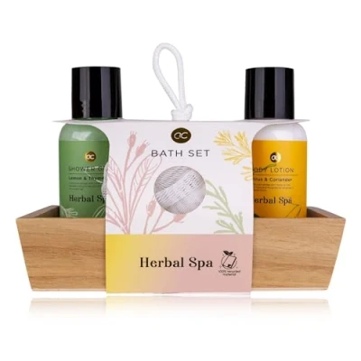 Image de Accentra Coffret cadeau Herbal SPA dans une boîte en bois décorative, avec gel douche 100 ml, lotion pour le corps ml et éponge filet Emballage (papier) bouteilles matériau recyclé