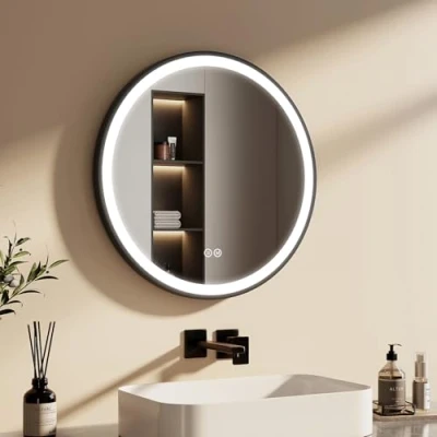 Image de EMKE Miroir de Salle Bain Rond 60 cm, avec éclairage, Interrupteur Tactile, 3 Couleurs lumière Variable, Cadre Noir et bandoulière réglable
