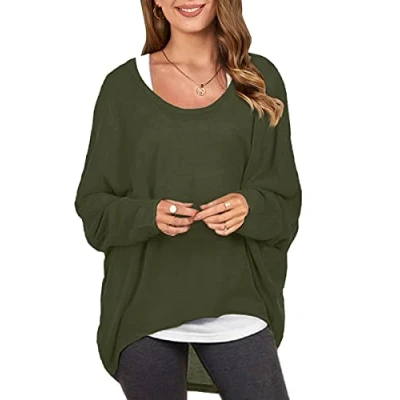 Image de ZANZEA Femme Pull Casual Grande Taillle Tops Automne Irrégulier Manches Chauve Souris Pullover Chic Oversize T Shirt Manche Longue Sweat 01 Vert armé M