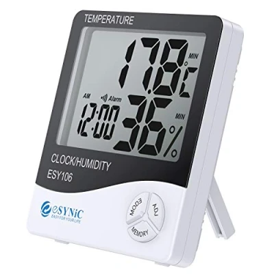 Image de eSynic Thermomètre Hygromètre Intérieur Ecran Numérique LCD à Haute Précision Matériau ABS Horloge Alarme Calendrier Moniteur de Température et d’Humidité pour Bureau, Maison, Garage, Chambre Bébé