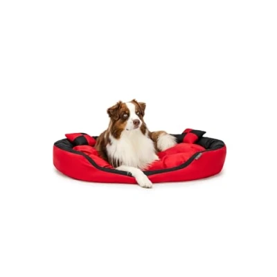 Image de lionto Lit pour Chien 4 en 1 avec Coussin réversible, 110x80 cm, Animaux de Compagnie Toutes Tailles résistant aux griffures entrée Basse, Rouge/Noir