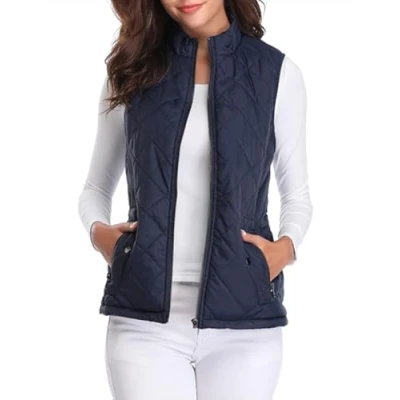 Image de fuinloth Doudoune Sans Manches Femme, Léger Col Roulé Manteau Zippé Veste Hiver Gilet Bleu Foncé XS