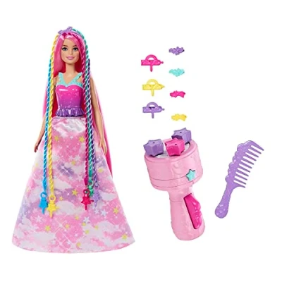 Image de Barbie Coffret Royal Tresses Magiques avec Poupée Mannequin Inclue, Appareil à Tresses, Extensions de Cheveux Arc en Ciel et Accessoires Inclus, Jouet pour Enfant 3 Ans Plus, HNJ06