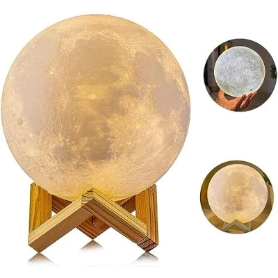 Image de AGM Lampe Lune 3D 15CM 2 Couleurs, Tactile USB Rechargeable Veilleuse Très Belle Lumière Sensible avec Support en Bois pour Chambre Cadeau Noël