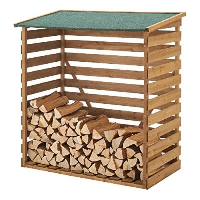 Image de Abri Bûches Couvert Solide Support pour Bois de Chauffage Robuste en Sapin Toiture Bitumé 123 x 116 64 cm Naturel Vert