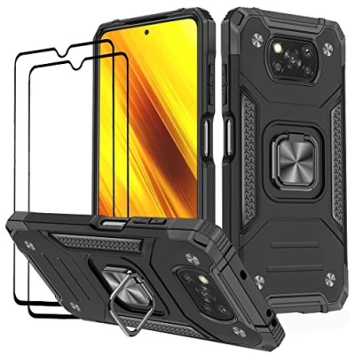 Image de KANSI Coque Compatible pour Xiaomi POCO X3 NFC/POCO Pro, Verre Trempé [2 Pièces] Housse TPU Silicone Rotation 360 Aimant Anneau Support Double Défense Protection Etui Noir