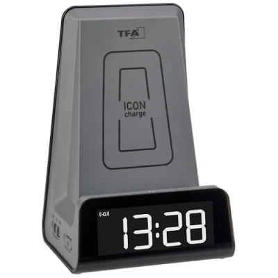 Image de TFA Dostmann 2 in 1 Chargeur Induction ICONcharge, 60.2033.10, pour smartphones, chargement sans fil, avec réveil, fonction USB, support Video Calls, anthracite