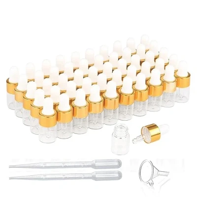 Image de 50 Pack mini flacons compte gouttes vides en verre avec bouchons dorés,flacons d&#039;échantillons de parfum pour huiles essentielles, corporelles et liquides (2 ml)