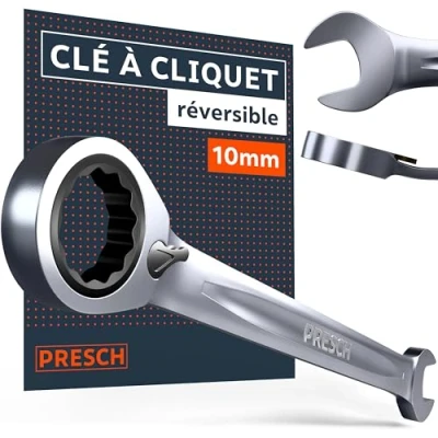 Image de PRESCH Clé à cliquet réversible 10mm Angle de reprise minimal (4, 90 dents) Déport 15 pour les zones étroites plate robuste usinée avec précision