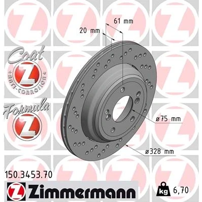 Image de ZIMMERMANN FORMULA Z COAT 150.3453.70 disque de frein 328 20 5/4 4 120 ventilé, troué, en deux parties revêtu allié/carbonisé