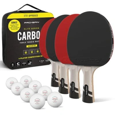 Image de PRO SPIN Raquettes de ping Pong en Carbone Série Elite Lame à 7 Plis, Caoutchouc qualité supérieure, éponge 2 mm et étui Protection (Ensemble 4 compétitions