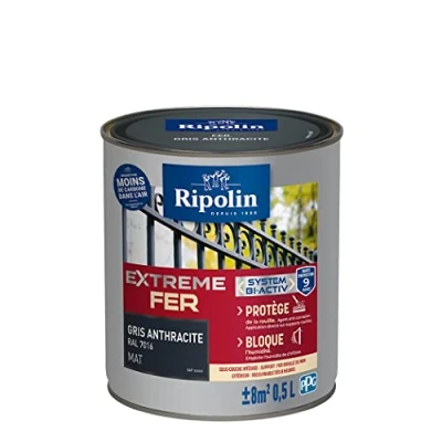 Image de RIPOLIN Peinture pour Fer Extérieur Glycéro Antirouille Sous couche intégrée Application directe sur Rouille Résistante aux Intempéries, UV et Chocs Mat 0,5L Gris Anthracite RAL 7016