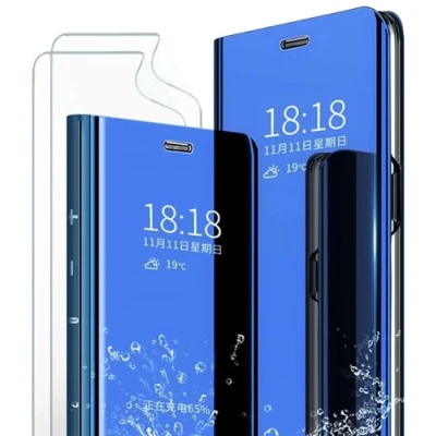 Image de MLOTECH Coque pour Samsung S20 Ultra,étui+Protection Écran [2 Pièces] Flip Clear View Translucide Miroir Standing 360Housse Antichoc Smart Cover Bumper Bleu Ciel