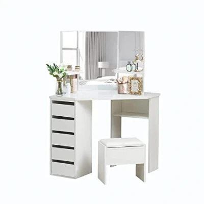 Image de LEMROE Coiffeuse Avec miroir et tabouret, table de toilette en bois ,moderne blanc maquillage 5 tiroirs 3 compartiment rangement ,Coiffeuse fille pour chambre,blanc
