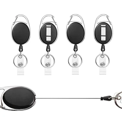 Image de Porte Badge Enrouleur, 4 pièces CléS Retractable,Avec Ressort Renforcé, Avec Enrouleur de Ceinture Pour Carte D&#039;Identité (Noir pièces)