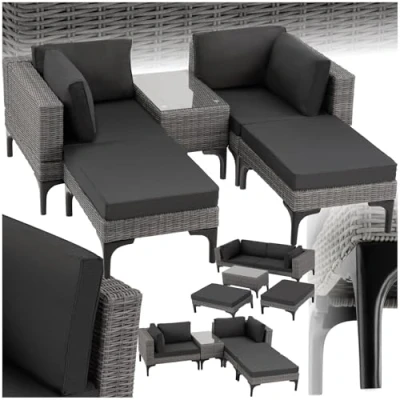 Image de TecTake® Ensemble Salon de Jardin Exterieur en Poly Rotin Modulable Bain Soleil 4 Places 1 Canapé 2 Tabouret Pouf et Table Jardin, Mobilier pour Amenagement Balcon Terrasse