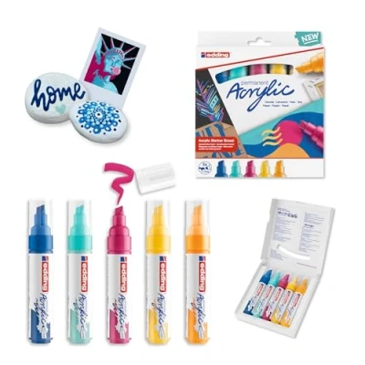 Image de edding 5000 Marqueur acrylique large jaune, jaune soleil, bleu, rose, turquoise 5 couleurs (abstrait) pointe biseautée 10 mm peinture pour la toile et le bois stylos imperméables