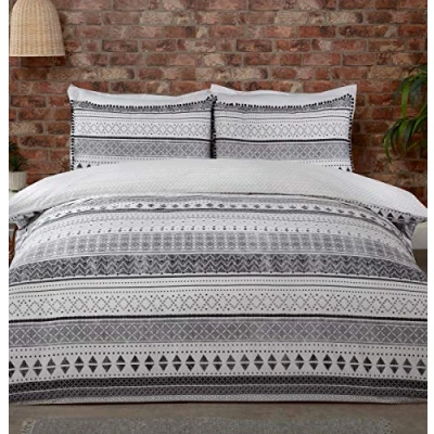 Image de Sleepdown Parure de lit réversible avec Housse Couette et taies d&#039;oreiller Motif à Rayures géométriques aztèques Noir/Blanc/Gris King Size (220 x 230 cm)