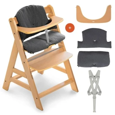 Image de hauck Chaise Haute Bébé Evolutive Alpha Plus en Bois Avec Coussin d&#039;Assise, Barre de Sécurité, Harnais 5 Points, Sangle d&#039;Entrejambe, dès 6 Mois Naturel Charbon