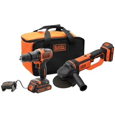 Image de BLACK+DECKER BCK24D2S Perceuse percussion 18 V (21 000 ipm) et meuleuse 125 mm avec 2 batteries lithium Ah sac de transport