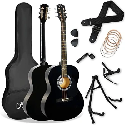 Image de 3rd Avenue Pack Guitare Acoustique 4/4 Taille Standard pour Débutants, Housse, Médiators, Jeu de Cordes Rechange, Stand, Sangle, Capodastre Noir